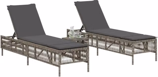 Lettini Prendisole 2 pz | Sdraio da giardino | Lettino da sole con Tavolino Grigio in Polyrattan