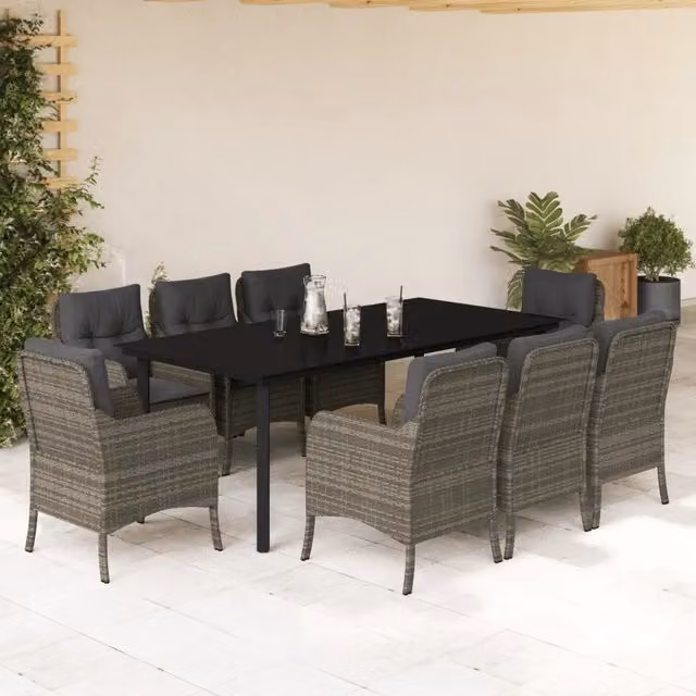 Set da pranzo da giardino vidaXL in polyrattan e vetro con 9 pezzi, colore grigio e nero