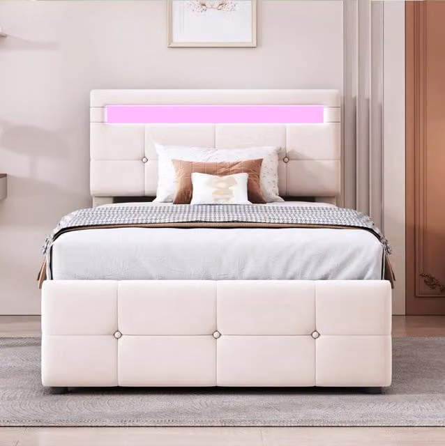 Letto singolo imbottito MODFU in velluto beige con illuminazione LED e vano contenitore idraulico L/P/H: 90 x 200 cm