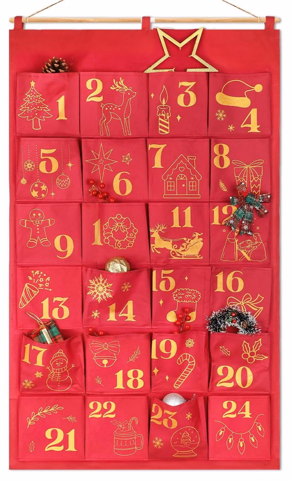 Calendario dell'Avvento da riempire personalmente, colore rosso, con dettagli dorati e glitter, dimensioni 110x68 cm