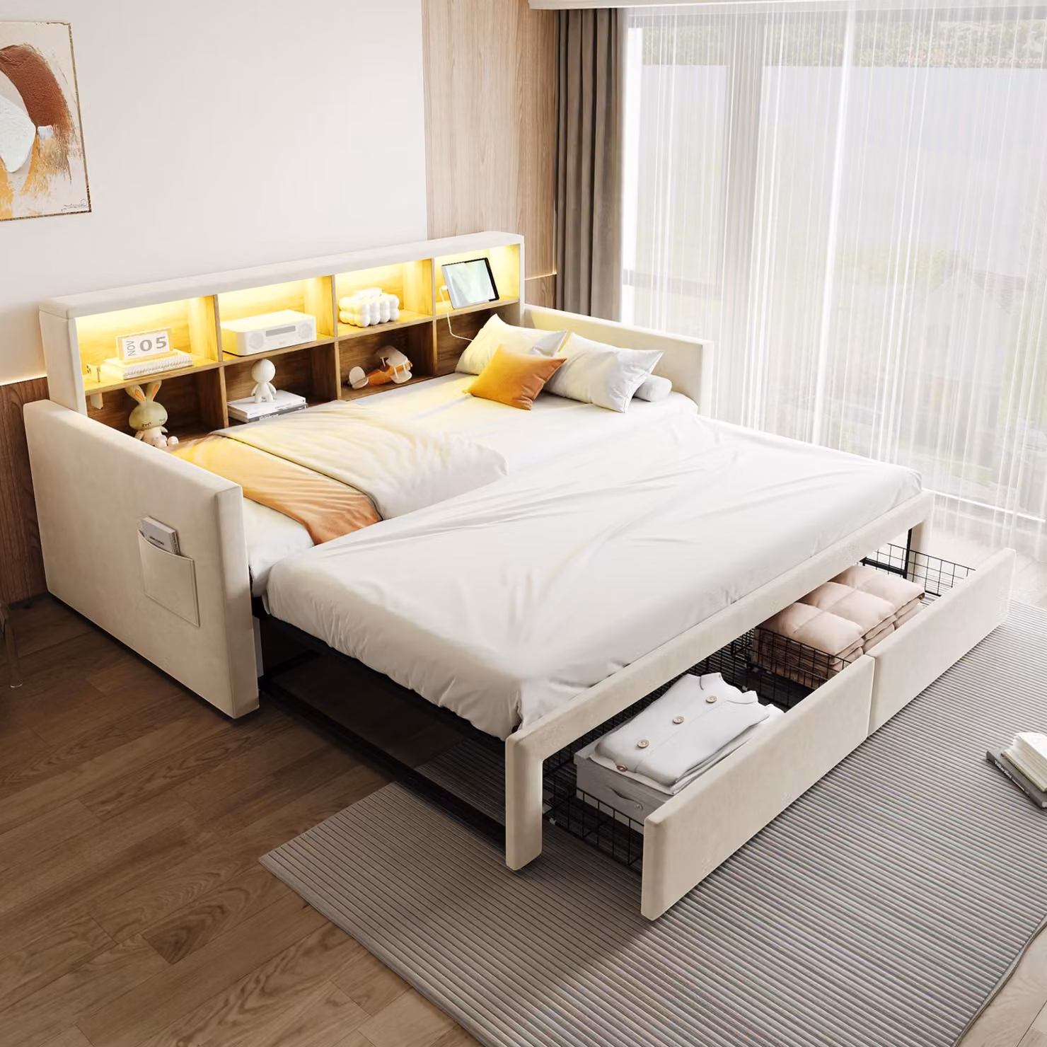 okwish Divano letto estraibile 90/180x190 Letto da giorno/giorno con scomparti, telaio Letto per bambini con LED e 2 cassetti, Letto junior con griglia, Beige (senza materasso)