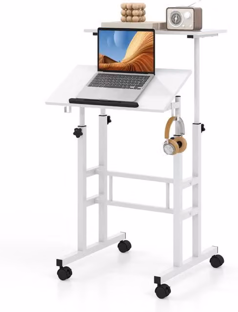 Scrivania per computer Design Mania con altezza regolabile e piano inclinabile, Bianco, L: 124 cm, P: 60 cm, H: 70-100 cm