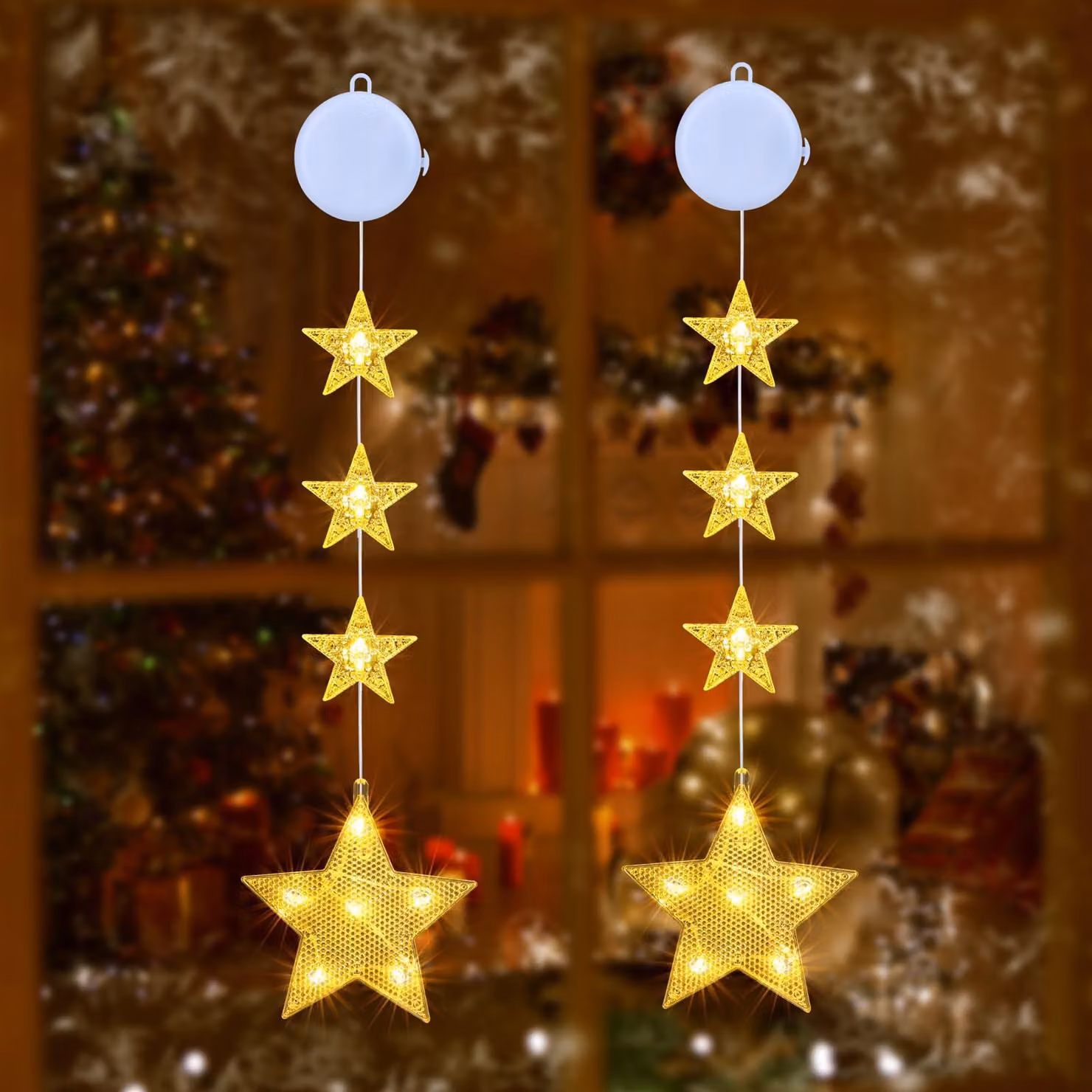 Tende luminose a forma di tenda, con stelle, 2 pezzi, luce bianco caldo, con timer, alimentate a batteria