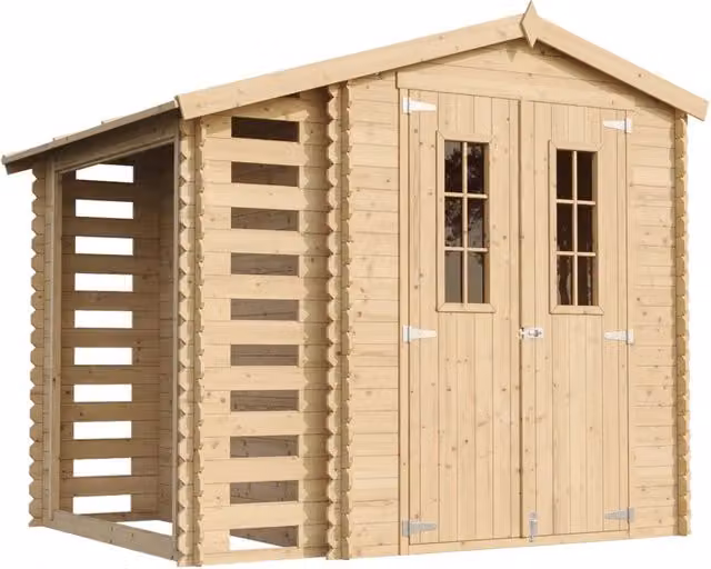 Casetta da Giardino in Legno TIMBELA con Legnaia da Esterno, Colore Grigio e Beige, Superficie: 3,53 m2 + 0,97 m2