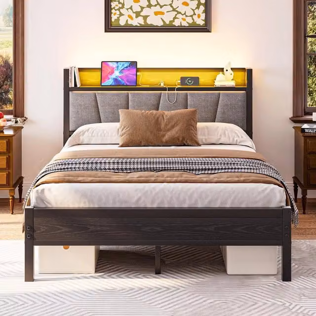 Letto Matrimoniale con LED e USB ¨C MINIMAL ¨C Metallo 140x190