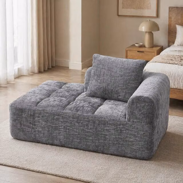Divano chaise longue Mivray in tessuto grigio con cuscini, design moderno a L con lato destro, ideale per soggiorno e camera da letto, L/P/H: 158 x 90 x 60 cm