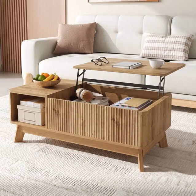 Tavolino elevabile 95x48x50 cm in MDF naturale con vano portaoggetti -