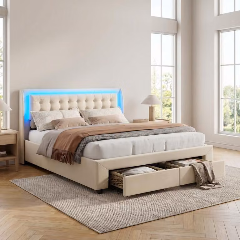 Letto imbottito ProximaX con LED RGB 140x190 cm, letto idraulico con vano contenitore, 2 cassetti, rivestimento in velluto beige, testiera con bottoni, base letto con rete a doghe
