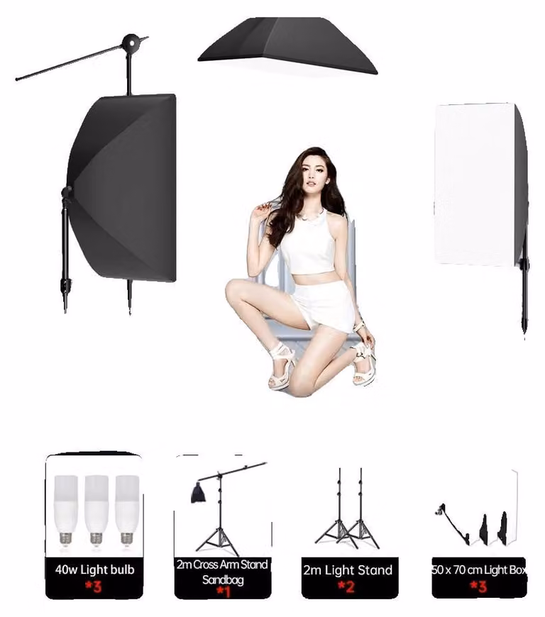 Set di illuminazione per fotografia, treppiede regolabile in altezza, design a softbox, 3 lampadine da 40 W