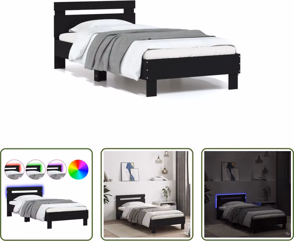 The Living Store Giroletto con testiera e luci LED nero 75x190 cm
