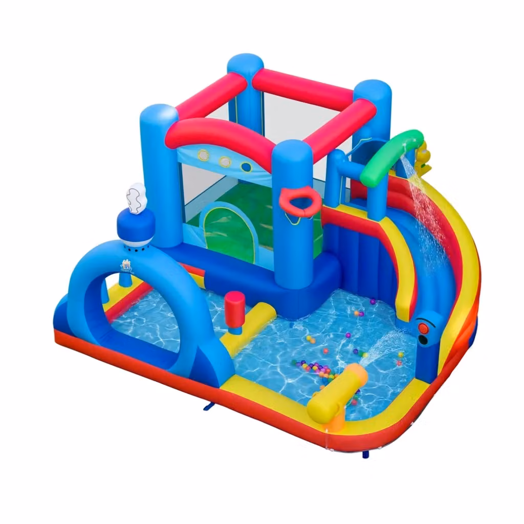 Scivolo gonfiabile ad acqua per bambini con piscina, cannone ad acqua, gioco con anelli, bersaglio e basket, multicolore in PVC e tessuto – 2