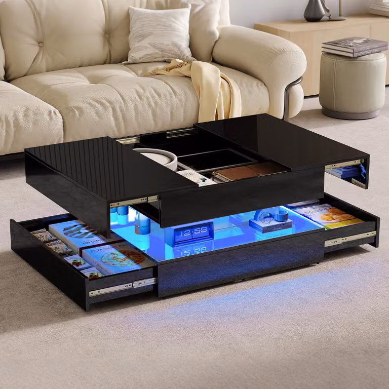 Tavolino REMZETTA, 78 x 78 x 43 cm, quadrato, nero con finitura lucida, dotato di illuminazione LED colorata, controllabile tramite app e telecomando