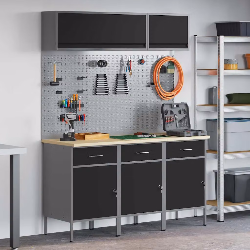 Set di mobili da lavoro vidaXL in acciaio e legno nero con cassetto con blocco, 8 pezzi