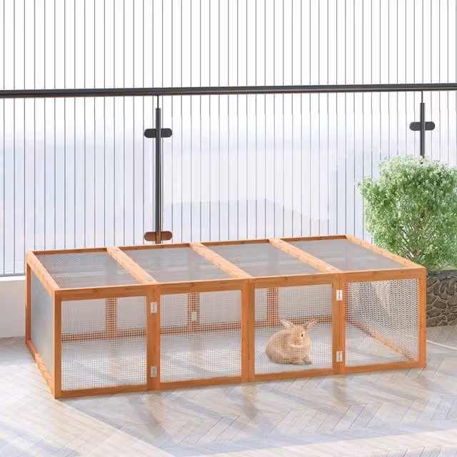 Area giochi per piccoli animali OKWISH in legno di abete naturale con rete metallica e due coperchi apribili, L: 181 cm, P: 100 cm, H: 48 cm