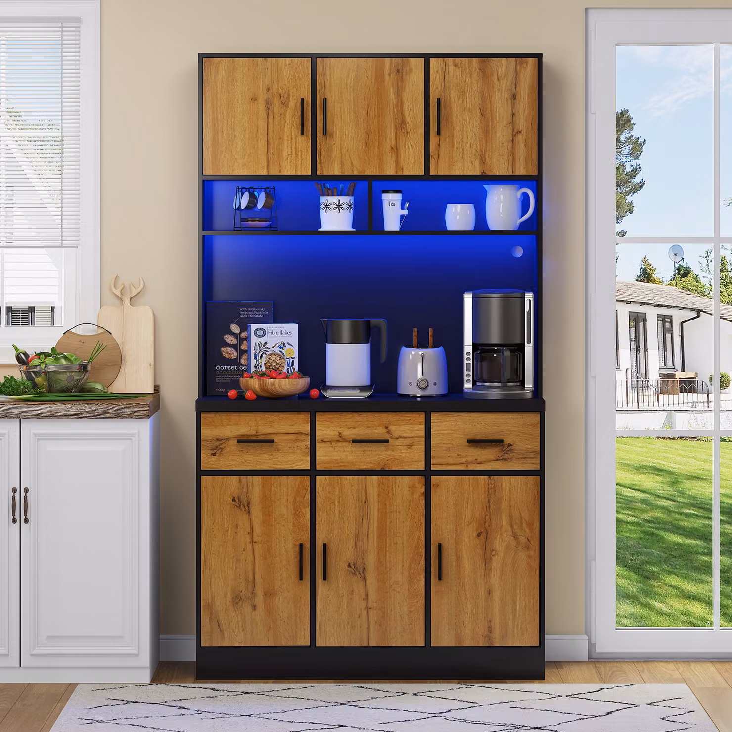 Flieks cucina mobile alto cucina buffet con funzione di ricarica (prese&USB), mobile cucina buffet mobile buffet con led, mobile cucina buffet marrone