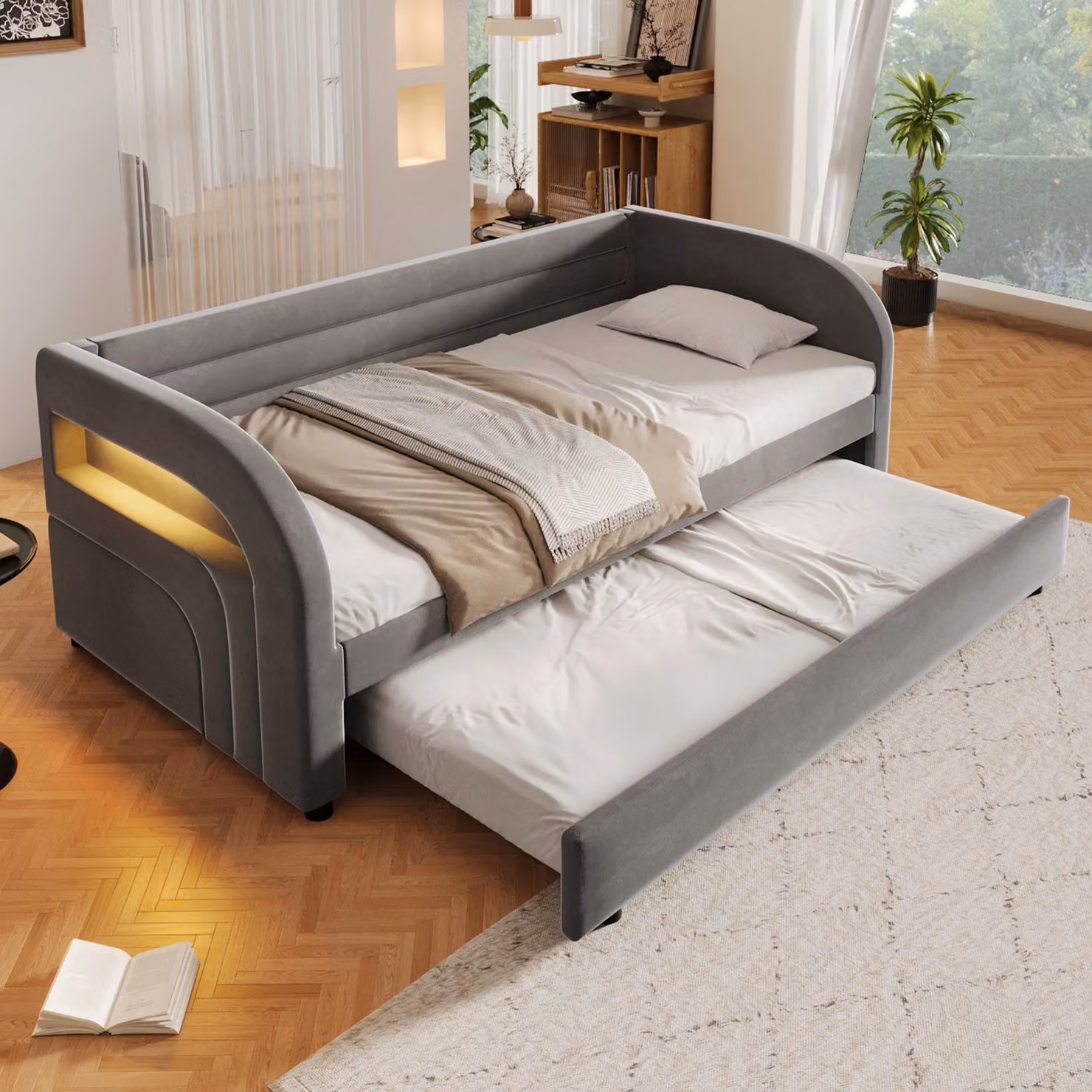 Letto imbottito Flieks 90x200 cm con letto estraibile 90x190 cm, divano letto con rivestimento in pelle, divano letto singolo con braccioli e schienale, in flanella, colore grigio