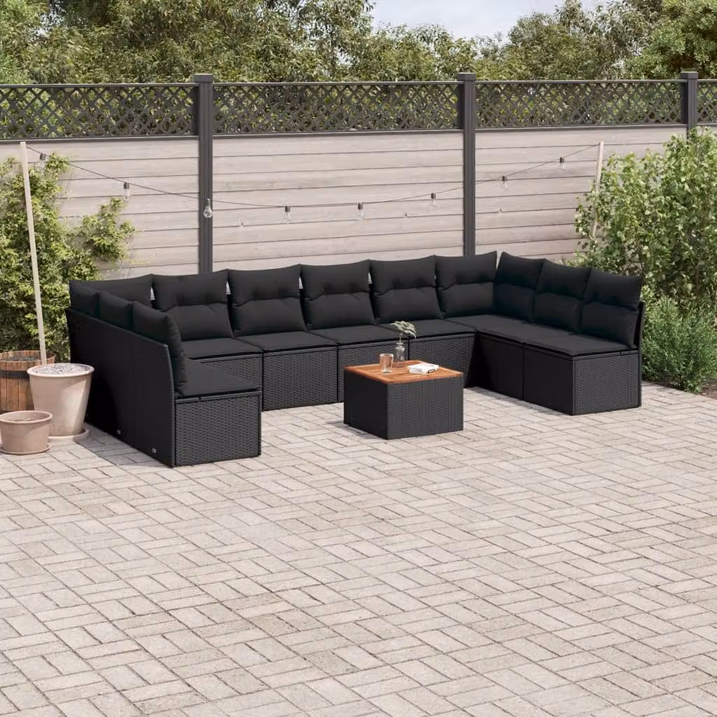 vidaXL Set Divani da Giardino 11 pz in Polyrattan Nero con Cuscini e Tavolino da Esterno – 1