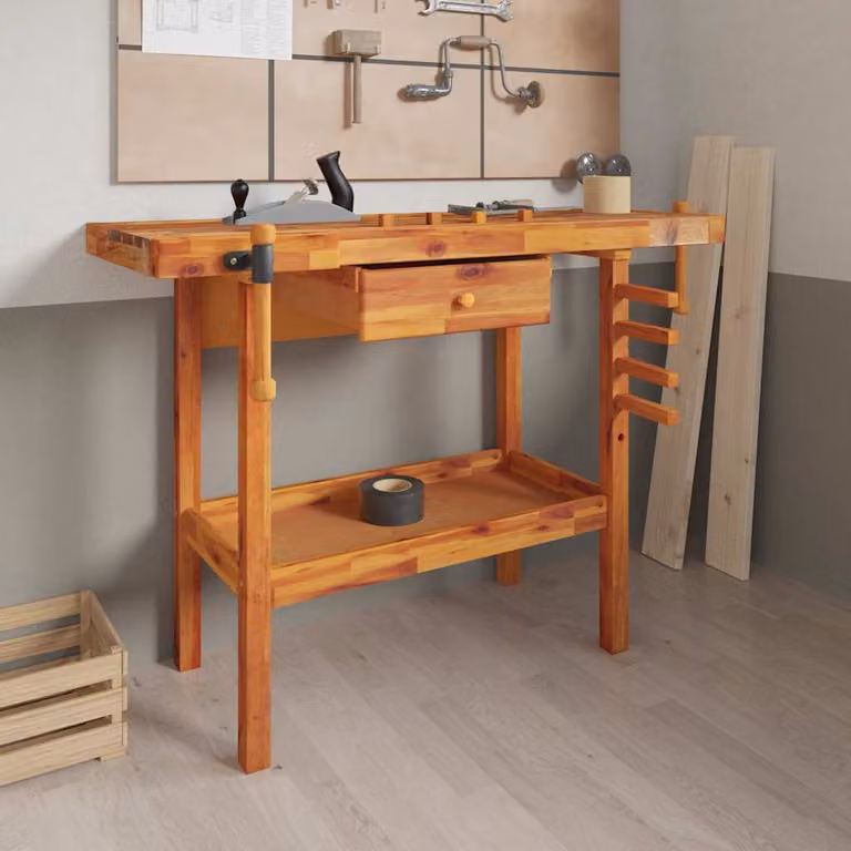 vidaXL Banco da lavoro in legno di acacia marrone con cassetto e morse L/P/H: 124 x 52 x 83 cm