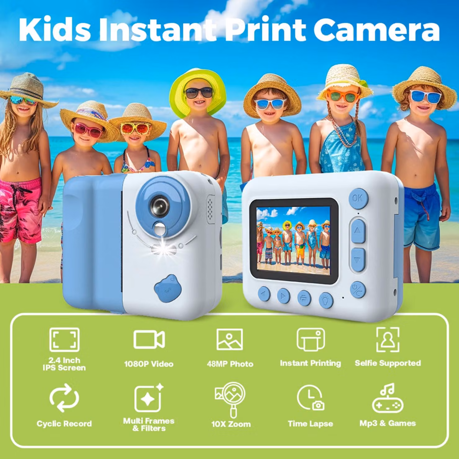 Fotocamera istantanea per bambini, 1080P, digitale, con schermo IPS da 2,4 pollici, zoom 10x, batteria integrata, con carta termica, matite colorate, cordino, scheda TF da 32 GB, compleanno, festa, regalo