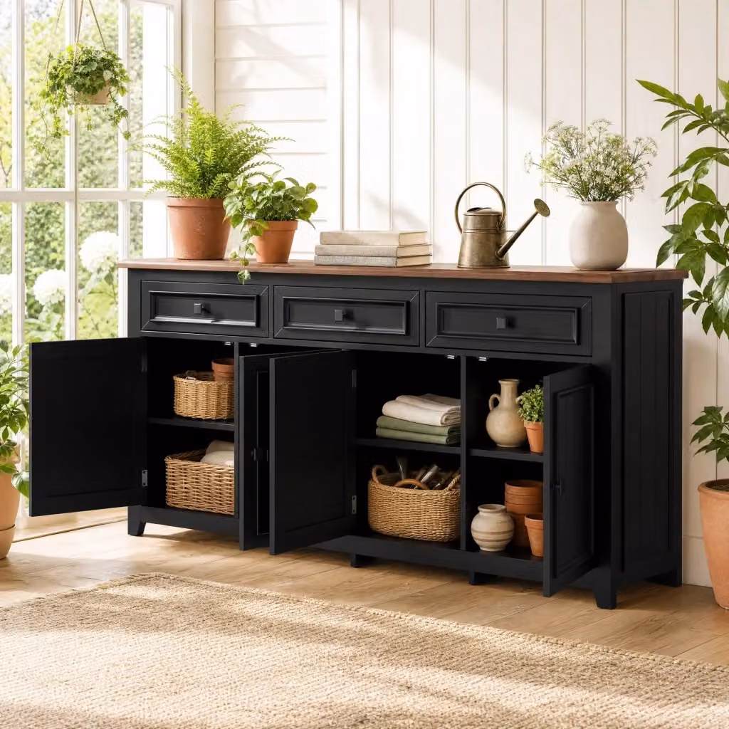 Madia Mivray con tre cassetti e quattro ante, ripiani regolabili in MDF nero con piano effetto legno, L 160 x P 35 x H 76 cm – 2