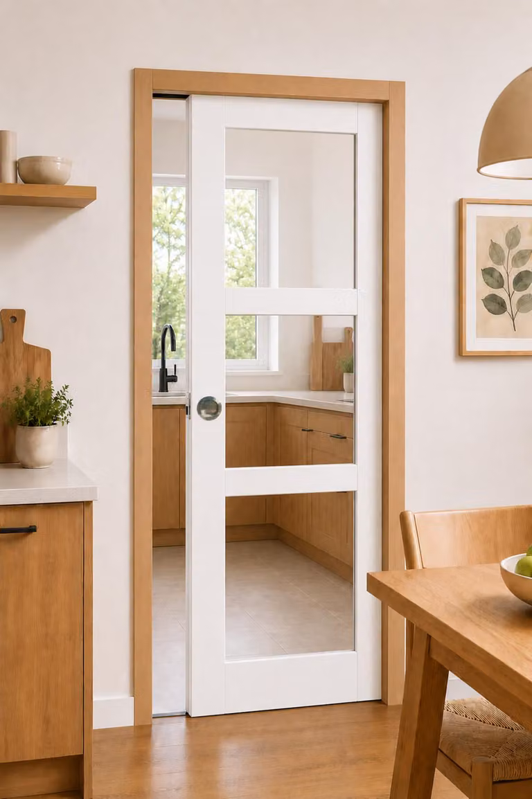 Porta scorrevole Kenya bianca con vetro trasparente H204 x L73 cm, incasso, kit finitura Gd Menuserie