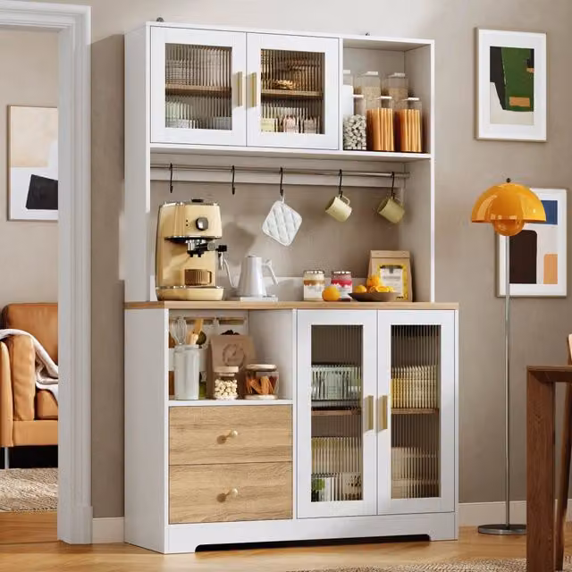 Armadio Cucina REDOM Moderno in MDF Bianco e Beige con Ante in Vetro e Illuminazione Integrata L: 110 cm, P: 40 cm, H: 178 cm
