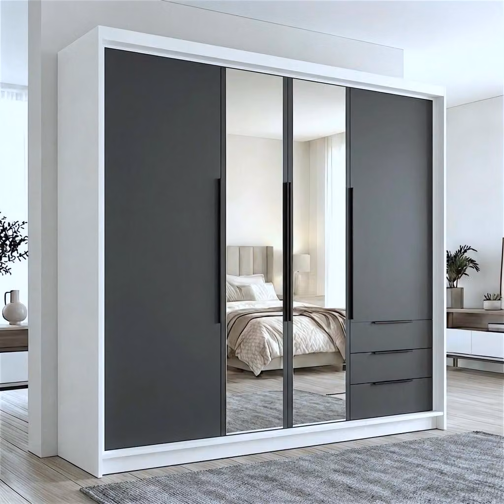 Spazioso armadio a quattro ante VIVO con cassetti e maniglie in metallo – design moderno