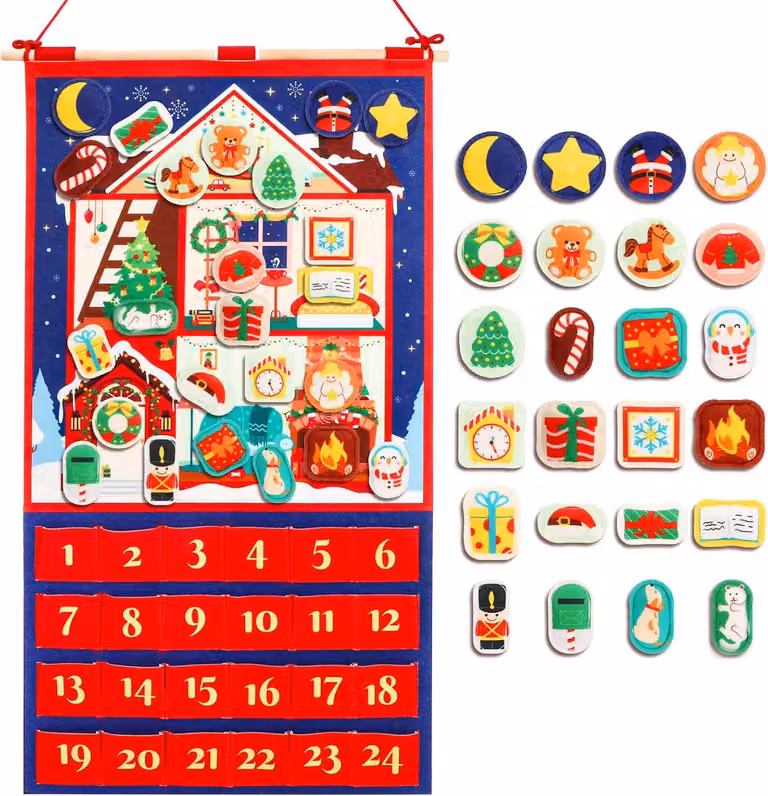 Calendario dell'Avvento per Natale - Casa di Natale in tessuto non tessuto - Decorazioni per il calendario dell'Avvento con 24 ornamenti inclusi