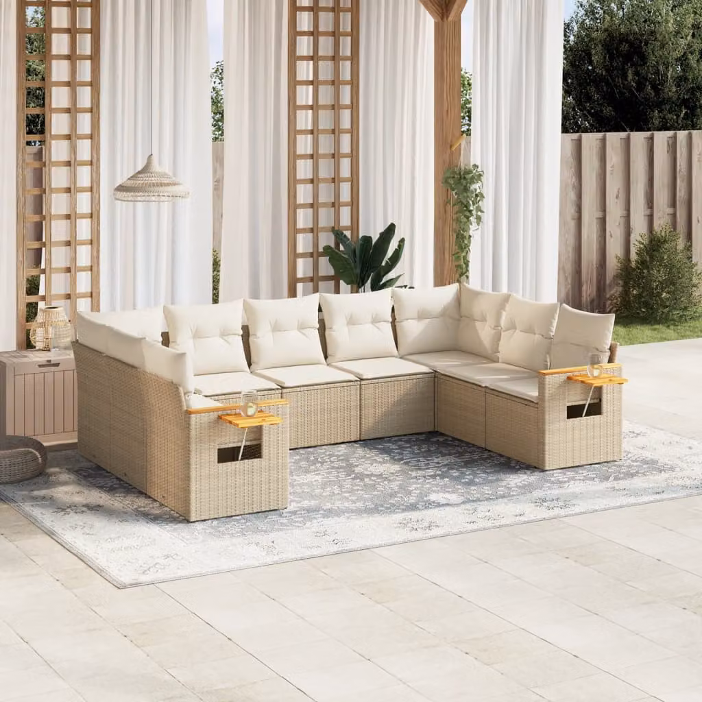 vidaXL Set Divano da Giardino 9 pz in Polyrattan con Cuscini Beige e Tavolino Moderno – 1