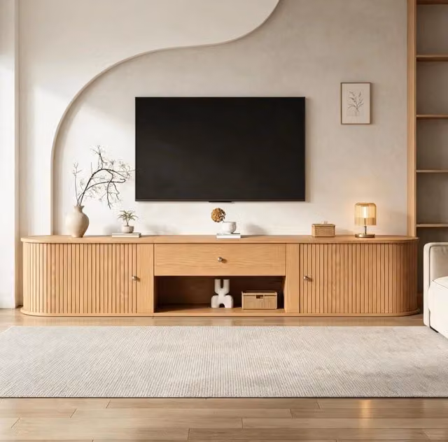 Mobile TV 180x40x40 cm con 2 ante a rullo; 1 cassetto e vano aperto; effetto legno