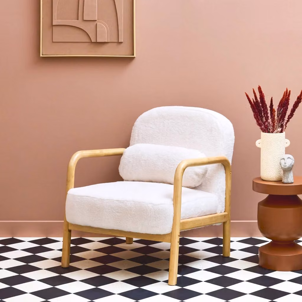 Poltrona lounge scandinava Sweeek in tessuto boucle beige con struttura in legno – 2