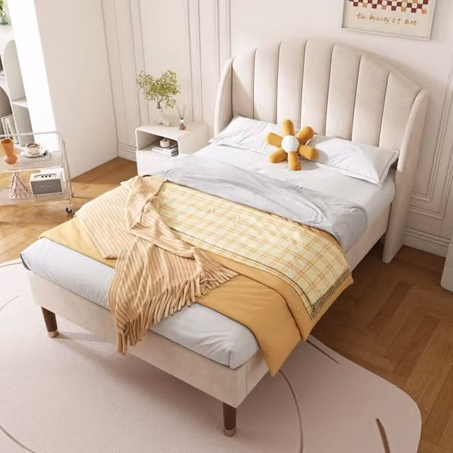 Letto singolo imbottito 90 × 200 cm con testiera alta e doghe in legno, senza materasso, in velluto beige