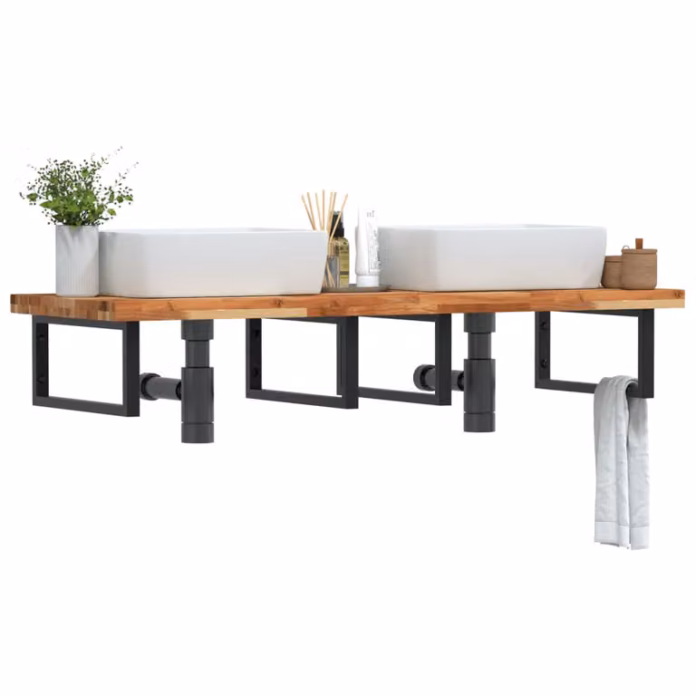 vidaXL Ripiano a Parete per Lavabo Moderno in Acciaio e Legno di Acacia Oliato, Nero e Marrone, L: 60 cm, P: 24 cm, H: 50 cm