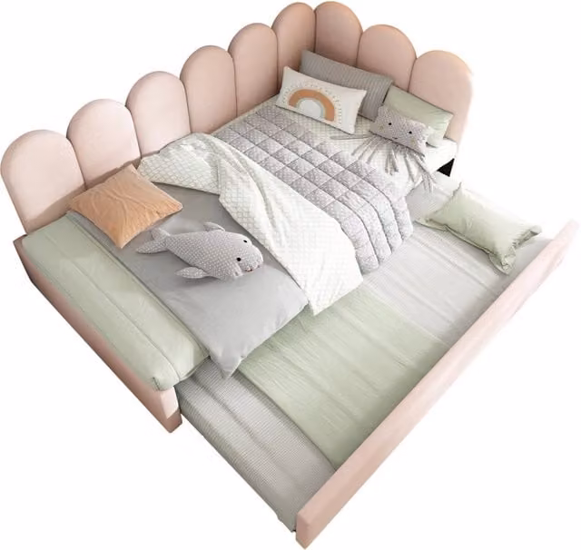 Letto singolo estraibile in velluto rosa con testiera imbottita e rete, L/P/H: 90 x 200 x 103 cm – 1