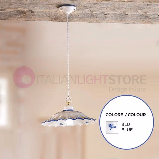 Lampada a sospensione Altopascio in ceramica di Ceramiche Borso con decori blu, stile rustico country, diametro: 38 cm