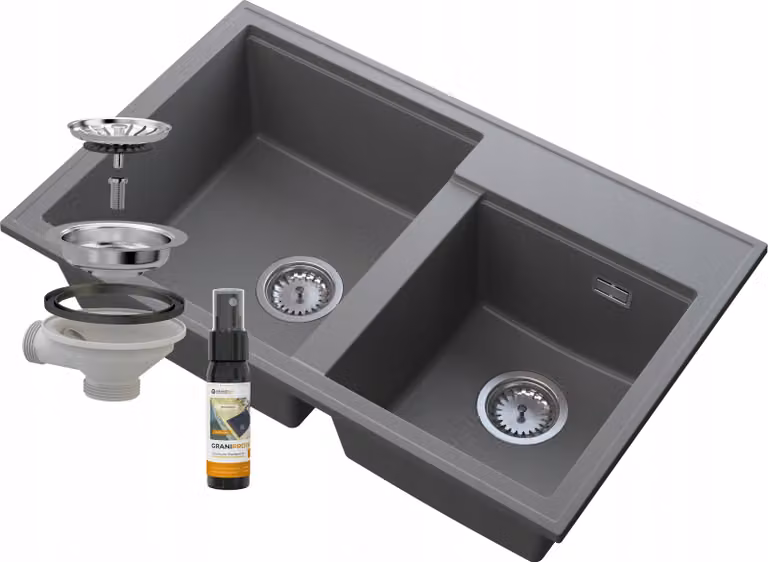Granitan - Lavello in granito - Lavandino 80x50 cm - Lavello cucina grigio - con sifone - HEKTOR