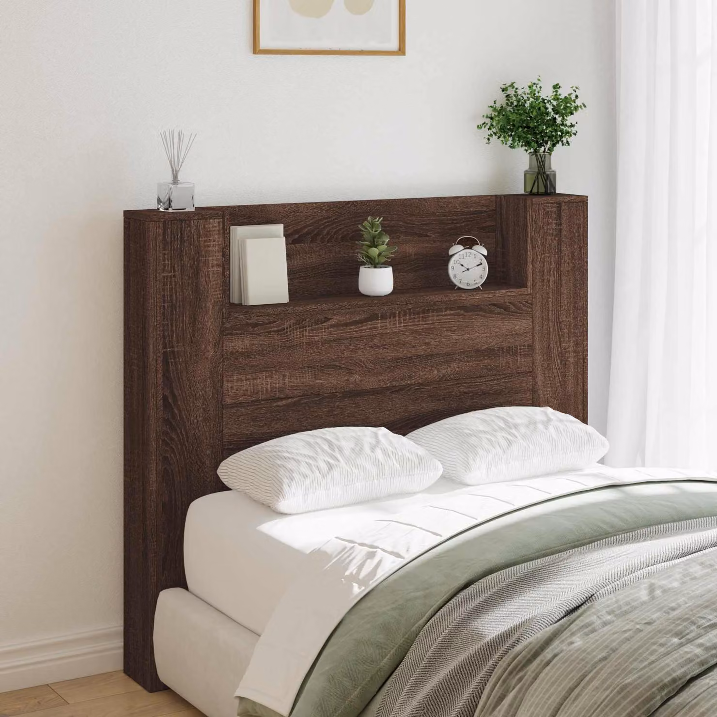 Testiera con stoccaggio vidaXL in Rovere Marrone con LED, mensola integrata e porta USB, L: 120 cm, H: 103,5 cm, P: 16,5 cm