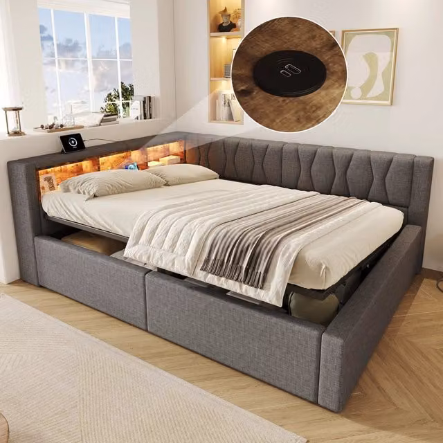 Letto contenitore 140x200 con sollevamento idraulico; LED dimmerabile; mensole e USB; lino e MDF; beige