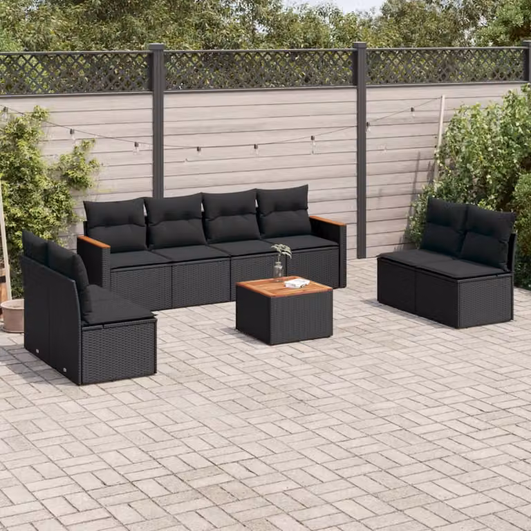 Set di divani da giardino vidaXL 9 pz in polyrattan nero con cuscini e tavolino da esterno a forma di U