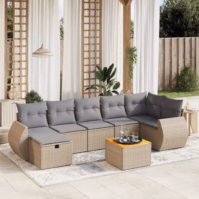 Set Divano da Giardino a L VIDAXL 8 Pezzi con Cuscini Beige e Grigio in Polyrattan e Acciaio