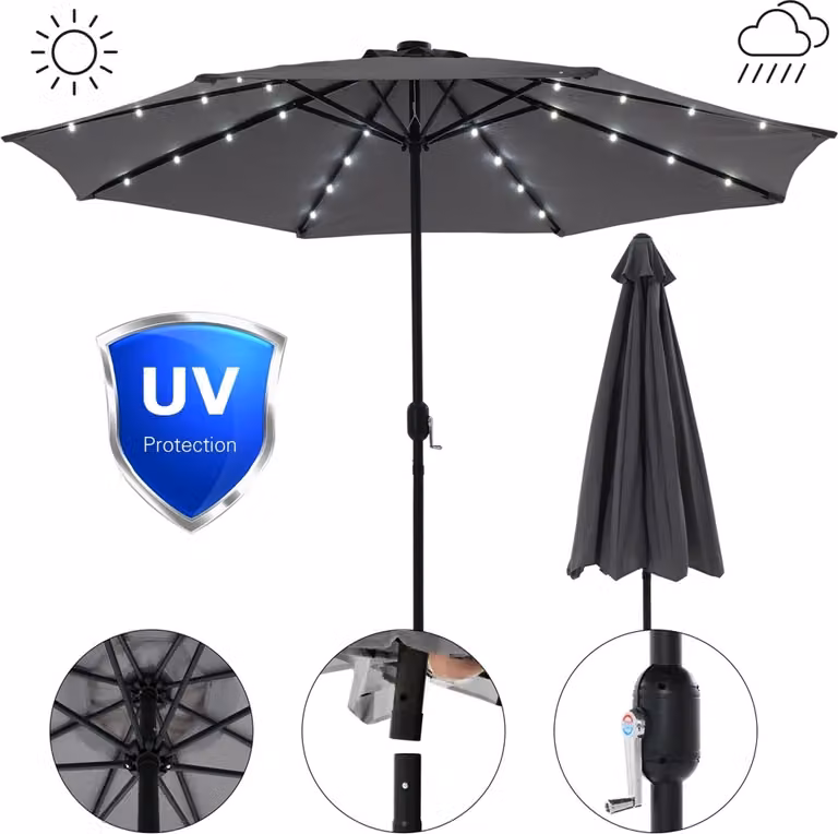 Ombrellone a palo centrale 3 m girevole LED 360° grigio con manovella e base a croce