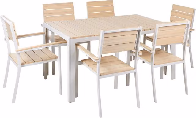 Set da Giardino Beliani con Tavolo a Doghe Beige e 6 Sedie in Alluminio Bianco Resistenti agli Agenti Atmosferici