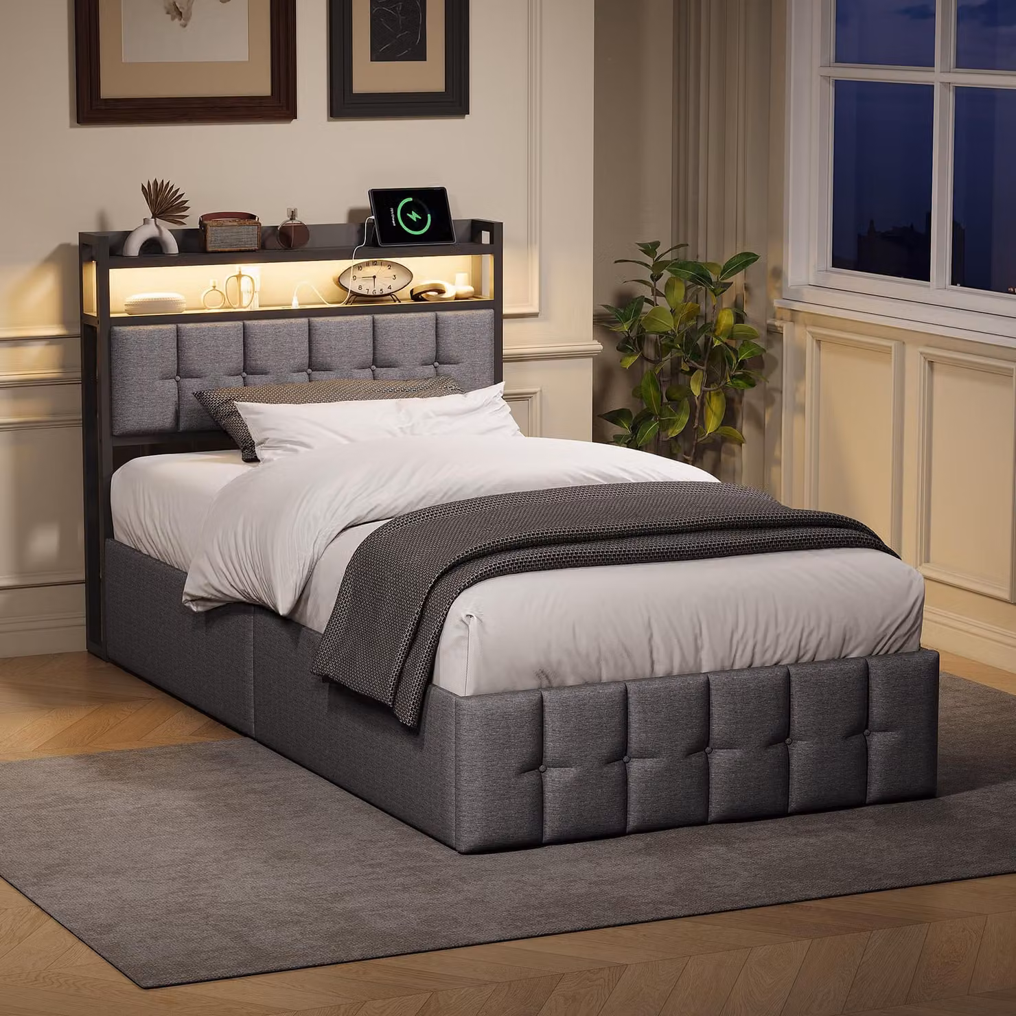 UnboxG Letto singolo idraulico 90×200 cm grigio, letto imbottito in lino con contenitore, testiera LED con USB e Type-C, lettino per bambini