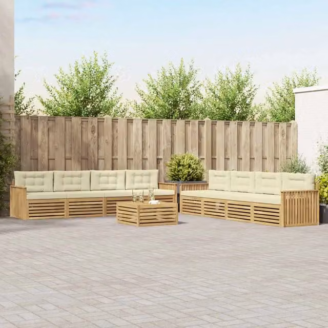 Set di divani da esterno a forma di U con tavolino da giardino vidaXL in legno di acacia e tessuto bianco e beige