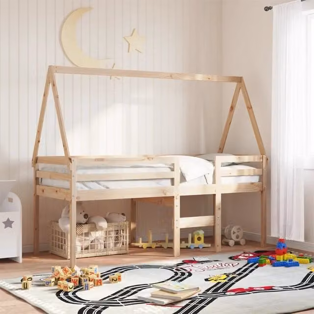Letto a soppalco per bambini vidaXL in legno di pino con struttura a casetta, colore bianco, L/P/H: 200 x 80 x 105,5 cm – 1