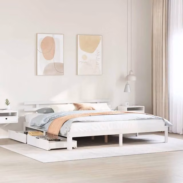Giroletto con Cassetti-Struttura Letto con contenitore Bianco 200x200 cm Legno Massello di Pino 218411