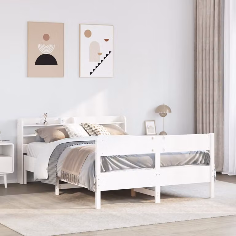Letto in legno massello di pino bianco con ripiani laterali e doghe rigide per adulti L: 145 cm, P: 190 cm, H: 82 cm
