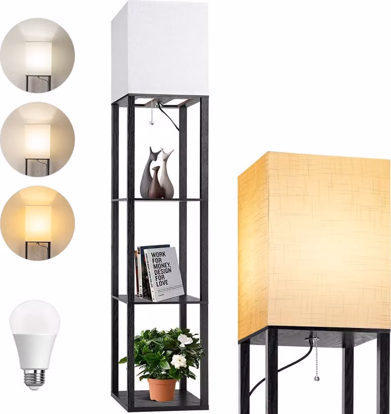 Lampada da terra con ripiano a 3 livelli, lampadina dimmerabile da 12 W, paralume in tessuto, LED integrato, lampada da terra con interruttore a cerniera, 160 cm