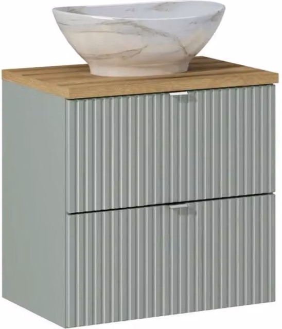 Insieme ELVINA 60cm: mobile sotto lavabo con cassetti in verde salvia grigio + top per lavabo in aspetto legno scuro + lavabo da appoggio marmorizzato