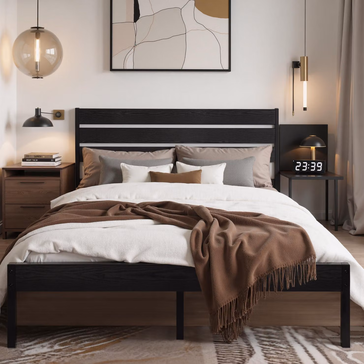 Letto VECELO, dimensioni 140 x 200 cm, struttura in metallo con testiera imbottita in legno e rete a doghe